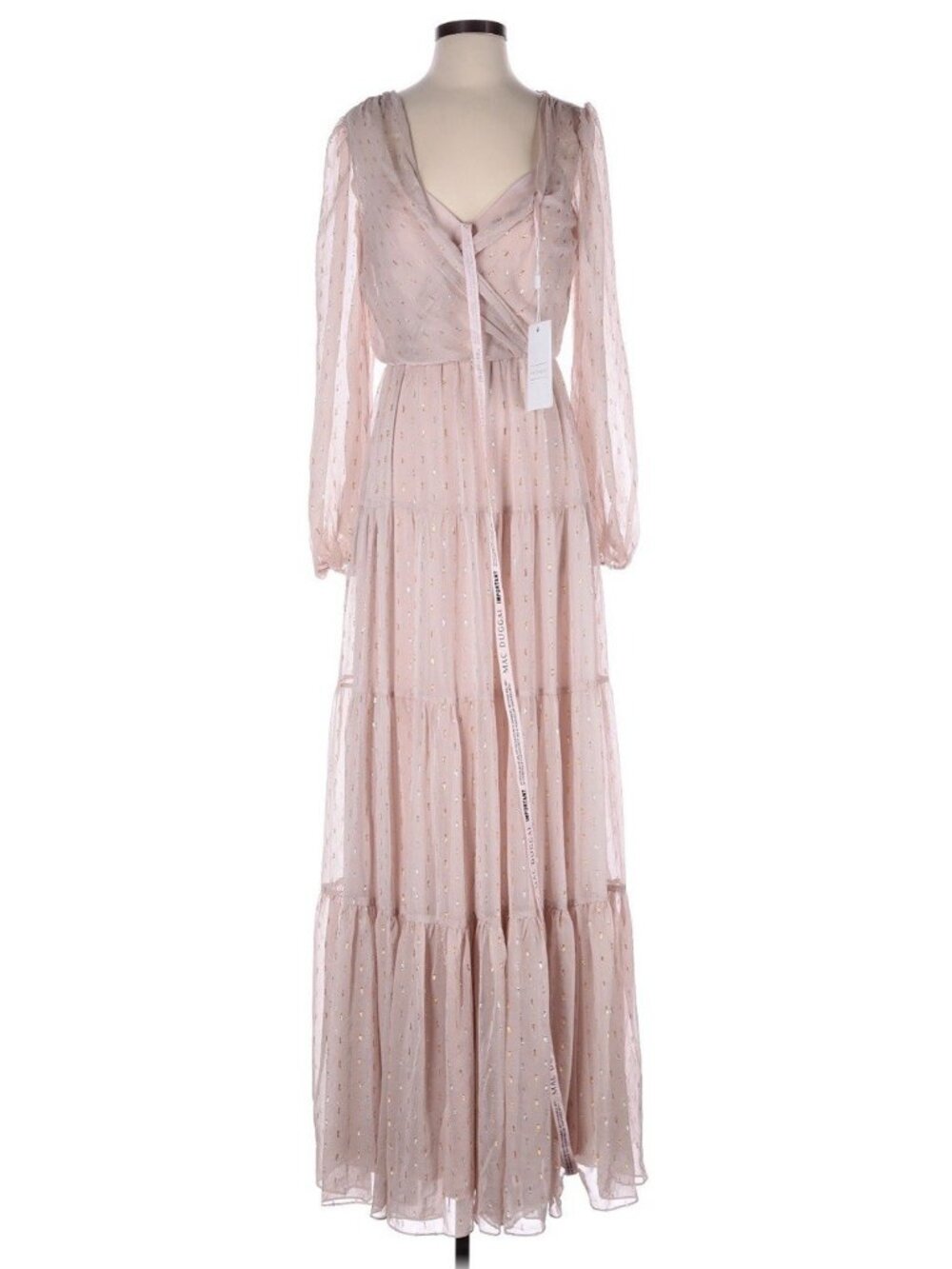 Mac Duggal Blush Metallic Chiffon Tiered Maxi Dress 6 Long Sleeve Wedding Guest